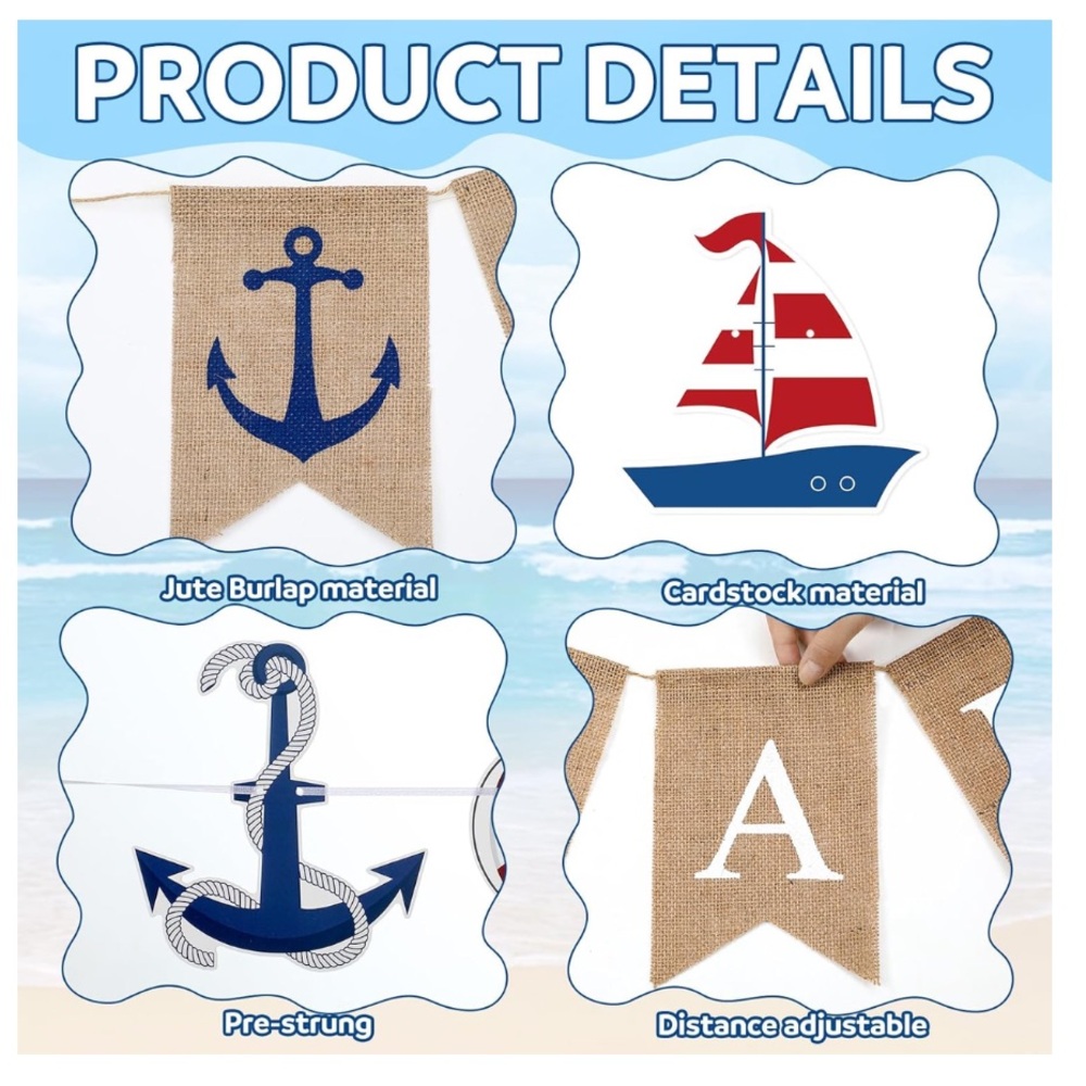 3 Pcs Burlap Welcome Aboard Banner Nautical For Parties,Birthdays,Cruises - Picture 3 of 5